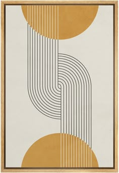 an abstract art print with lines and circles in gold, white, and grey colors