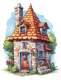 a drawing of a small house with a red roof