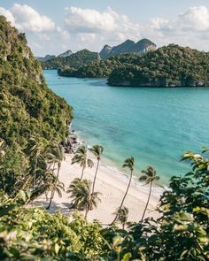 the beach is surrounded by palm trees and blue water, with mountains in the background