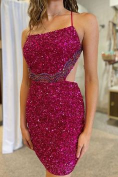 Fuchsia Sequin Homecoming Dresses Cross Back Mini Party Gown, LTP2958 – Laylatailor Shop Pretty Bridesmaid Dresses, Mini Gown, Sequin Homecoming Dress, Short Homecoming Dresses, Homecoming Dresses Tight, Two Piece Homecoming Dress, Burgundy Prom Dress, Mini Party, Party Gown