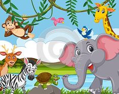 an elephant, giraffe, zebra, and other animals in the jungle illustration