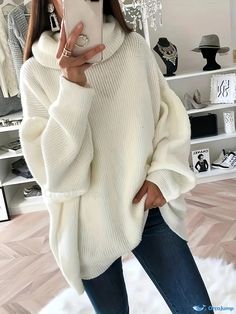 Orcajump - Solid Turtle Neck Pullover Sweater, Casual Long Sleeve Oversized Sweater, Women's Clothing Oversized Sweater Women, Sweater Women's, Sweater Women, Oversized Sweater, Chest Pad, Pullover Sweater, Pullover Sweaters, Knitted Fabric, Collar Styles