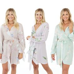 This delicate floral robe features pretty tie sleeves and a feminine silhouette. Swathed in custom and hand-colored blooms, it is beautifully crafted on high quality rayon and is a unique keepsake. This pretty floral robe may be worn as bridesmaids robe, bridal robes or a beautiful maternity robe. It also multi-tasks as a beach or pool cover up. Bridesmaids Robe, Getting Ready Robes, Bridesmaid Pajama, Bridesmaid Pajama Set, Bridesmaid Robes Floral, Bridal Party Robes, Floral Robes