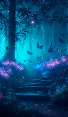 an image of a forest with stairs and butterflies