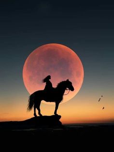 a person riding a horse in front of the moon