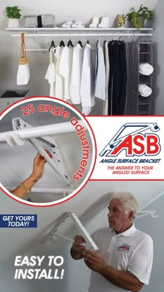 an advertisement for the asb hangers and closets store with a man holding clothes