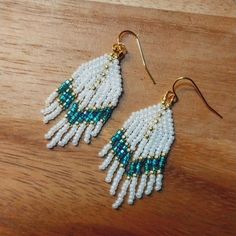 Handmade Beaded Minimalist Earrings, Turquoise, White & Gold Beaded 1.5 Inch Bundle And Save Open To Reasonable Offers Package & Shipped W/ Care! Please Refer To Pictures For Details Before Purchase Color May Appear Slightly Different From Photos Due To Lighting Reach Out If Any Questions Green Fringe Earrings, Small Fringe Earrings, Beaded Earrings Native Patterns, Short Beaded Earrings, Small Beaded Earrings, Native American Beadwork Earrings, Beaded Earrings Native American, Beaded Earrings Native, Beaded Fringe Earrings