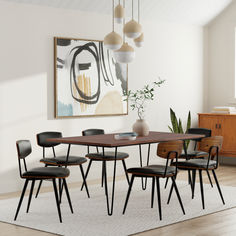 a dining room table with six chairs and a plant in the corner next to it