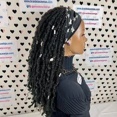 Ready To Ship. Goddess Handmade Faux Locs Braids Wavy Curls Spiral Spring Curl Curly Braided Headband Wigs For Black Women With Synthetic Curly Hair Individually hand braided fully hand made headband wig with adjustable strap and combs.   Texture: Medium size faux locs braids  Cap Style: Headband Wig Length: 20 inches  Color: Black Cap Size: One Size Other features: Straps in back and combs in nape and on sides  Free shipping to USA  THE WIG SHOWN IS THE EXACT WIG YOU WILL GET Headband Black Women, Locs Headband, Locs Wigs, Headband Wigs For Black Women, Curly Faux Locs, Faux Locs Braids, Faux Dreads, Goddess Faux Locs, Synthetic Curly Hair