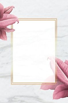 pink flowers with a gold frame on a white marble background mock up for photoshopping