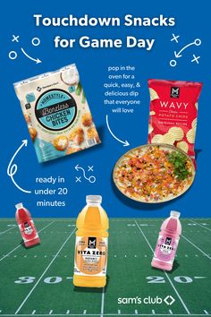 a football field with snacks and drinks on the sidelines, as well as an advertisement for