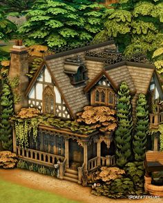 a painting of a house in the woods