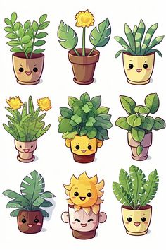 cartoon potted plants with different faces and hair on the top one is yellow, the other has green leaves