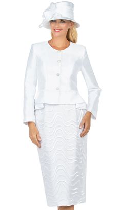 2pc Silk Look Ladies Church Suit With Peplum And Lace Embroidered Skirt  Mia By Giovanna Church Suits And Dresses Fall And Holiday 2023. Perfect item for church events or any special occasions. White Fitted Satin Sets, First Lady Church Suits, Church Suits And Hats, Dresses Church, Women Church Suits, Church Suits, White Suit, Church Events, Dresses Fall