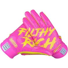 a pink glove with yellow graffiti on it