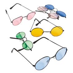 four pairs of sunglasses with different colored lenses