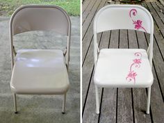 two white chairs with pink designs on them sitting on a wooden deck next to each other