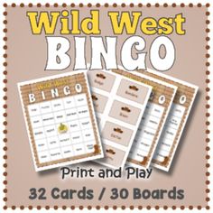 the wild west bingo game is shown in three different colors and font, with matching numbers