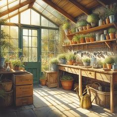 a room filled with lots of potted plants next to a green door and window