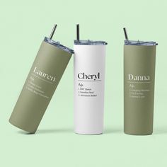 three different types of tumblers on a green background with the words, cherry and danna