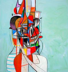 an abstract painting with many colors and shapes on the face, including lines in the upper half