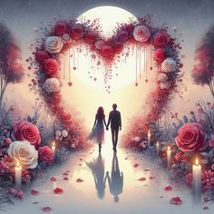 a man and woman are walking through a heart - shaped archway with roses on it