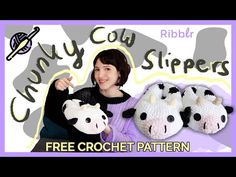 a woman holding three cow slippers in front of a purple and white background with the words, free crochet pattern