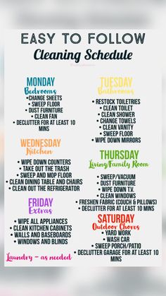 the easy to follow cleaning schedule is shown in this graphic style, with colorful text