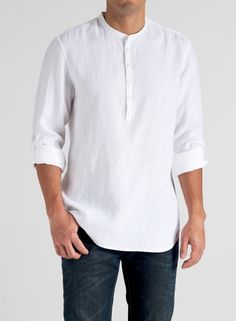 A handsome collarless shirt crafted from lightweight linen with classically designed with button-tabbed roll-up sleeves giving an old school looks appeal. Vivid Linen, Kurta Men, Short Kurta, Collarless Shirt, Linen Men, White Shirt Men, Roll Up Sleeves