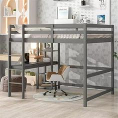 a loft bed with a desk underneath it and an office chair under the bottom bunk