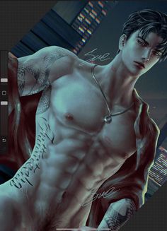 an animated image of a man with tattoos on his arm and chest, standing in front of a cityscape