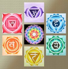 the seven chakras are arranged in different colors and shapes, including one with an om