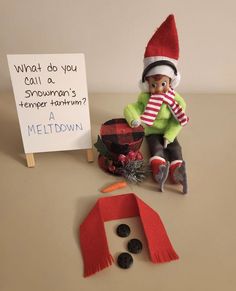 an elf is sitting next to a sign that says what do you call a snowman's tenter hat?