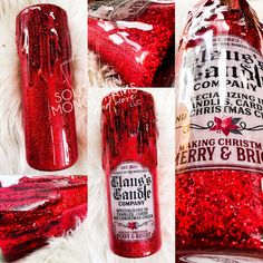 red glitter bottles are sitting on white fur