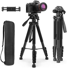 a tripod with a camera attached to it next to a black case and carrying bag