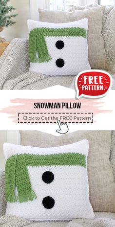 two pillows that have been crocheted to look like a snowman with green scarfs