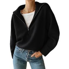 Btfbm Women’s Casual Long Sleeve Half Zip Pullover Sweaters Solid V Neck Collar Ribbed Knitted Loose Slouchy Jumper Tops(Solid Black, X-Large) Size Xl Sku: Mc-7268310 Casual Dinner Outfit Fall, Dinner Outfit Fall, Short Coats Women, Pullover Mode, Zippered Sweater, Loose Outfit, Long Sleeve Knit Tops, Collar Top, Half Zip Pullover