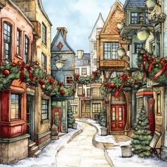 a painting of a street with christmas decorations