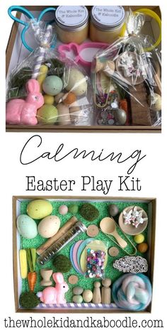 an easter play kit in a box with the words,'calming easter play kit '