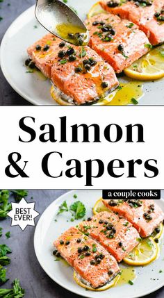 salmon and capers on a white plate with lemon wedges