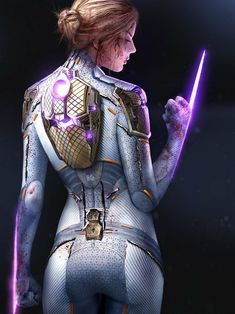 a futuristic woman holding two purple lights in her right hand and looking at the camera