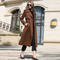 Custom Brown Double Breasted Belted Trench Coat,Women Long windbreaker,Fall coat for women Duster coat Outerwear Vivian Seven Brown Trench Coat Outfit, Trench Coat Outfit Fall, Fall Coat Outfit, Trench Coats Women Long, Trench Coat Beige, Beige Trench Coat, Trench Dress