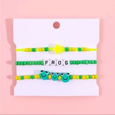 Frog Bracelet Set X3 Polymer Clay/ Beaded Green Brand New Boutique Item Bundle And Save Offers Welcome Dm For Deals Discount Details Daisy Bead Bracelet, Frog Bracelet, Smiley Daisy, Purple Beaded Bracelets, Polymer Clay Bracelet, Howlite Bracelet, Slide Bracelet, Rustic Cuff, Dragon Bracelet