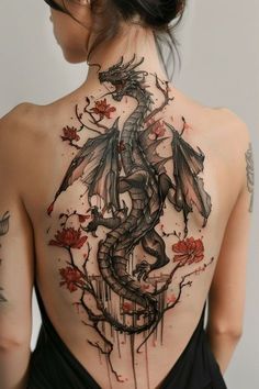 Dragon Back Tattoo Design, Back Tattoos Dragon, Body With Tattoos, Unique Dragon Tattoo, Back Dragon Tattoo, Dragon Back Tattoo, Dragon Tattoo Back, Dragon Tattoo Art, Tattoo Dragon