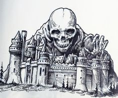 a drawing of a skull in front of a castle