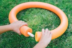 a person is using an orange tube to play with a toy in the grass,