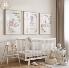 a baby's room with three framed pictures on the wall and a crib