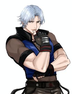 an anime character with white hair and blue eyes, holding his hands on his chest