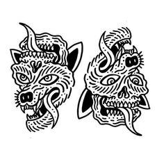 two black and white drawings of heads with fangs