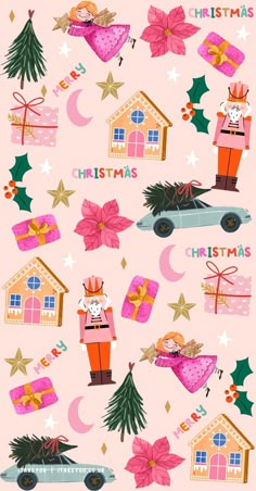 a pink background with christmas decorations, presents and gifts on the top of it's sides